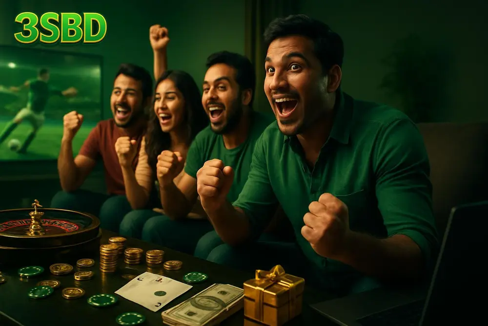 3SBD Betting โ a group of Bangladeshi friends gathered around a television at home reacting excitedly during a 3SBD Betting โ a group of Bangladeshi friends gathered around a television at home reacting excitedly during a