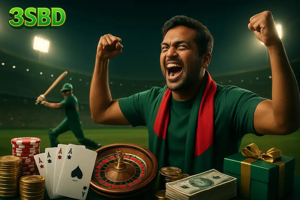 3SBD Betting โ a cheering Bangladeshi fan in a packed cricket stadium raising his arms as a batsman hits a six under 3SBD Betting โ a cheering Bangladeshi fan in a packed cricket stadium raising his arms as a batsman hits a six under