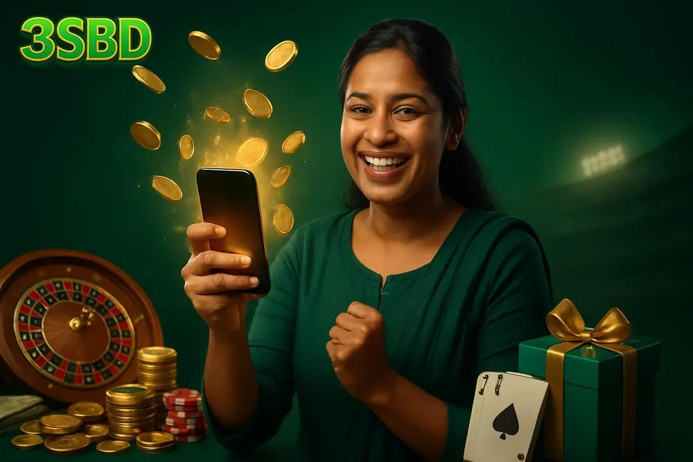 3SBD Bonus โ a smiling Bangladeshi woman holding up her phone as golden light and coins spill out from the screen in 3SBD Bonus โ a smiling Bangladeshi woman holding up her phone as golden light and coins spill out from the screen in