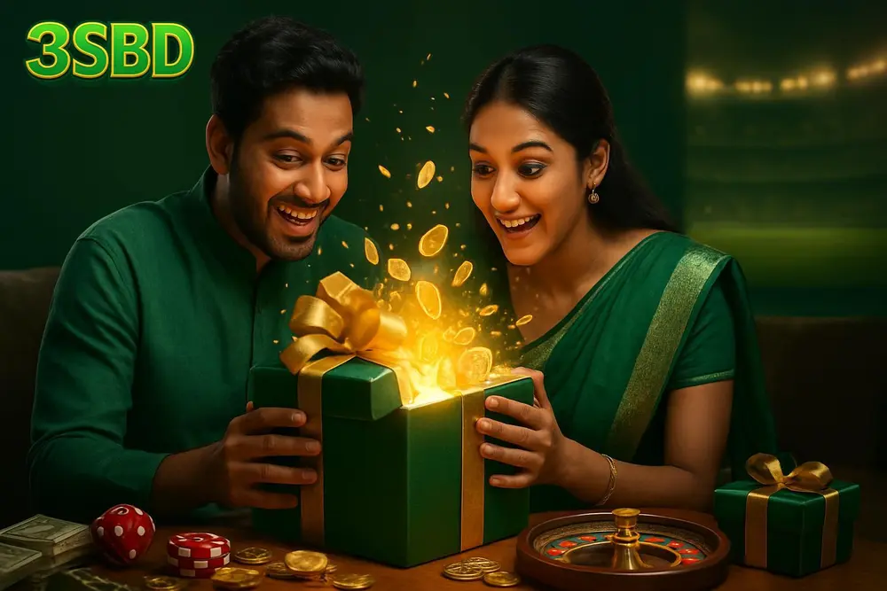 3SBD Bonus โ an excited Bangladeshi couple at home opening a giant glowing gift box bursting with golden coins and 3SBD Bonus โ an excited Bangladeshi couple at home opening a giant glowing gift box bursting with golden coins and