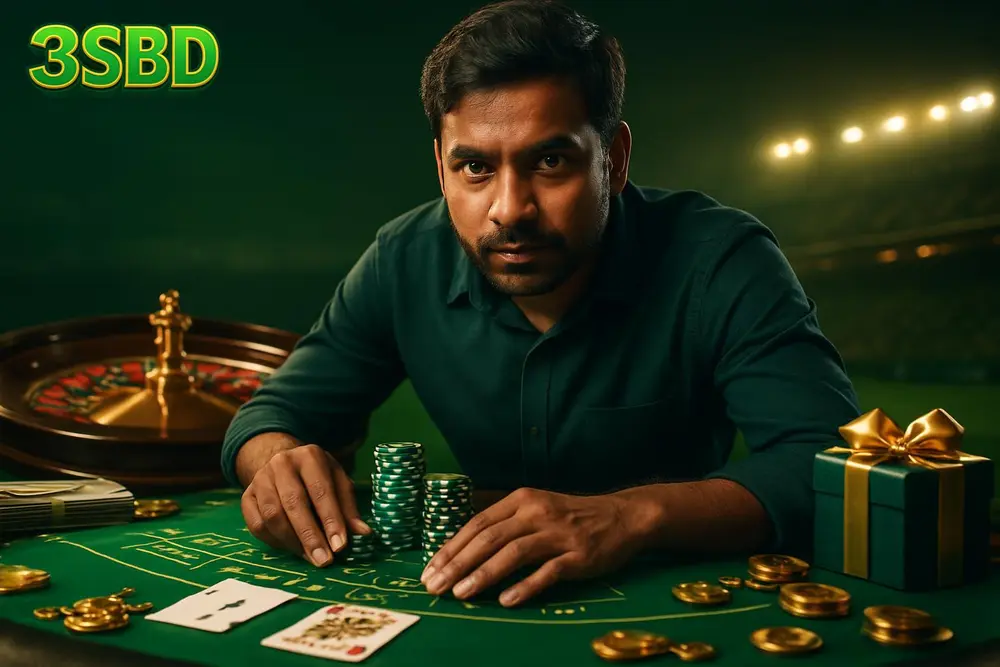 3SBD Casino โ a Bangladeshi man leaning over a blackjack table stacked with chips as a roulette wheel spins in the 3SBD Casino โ a Bangladeshi man leaning over a blackjack table stacked with chips as a roulette wheel spins in the