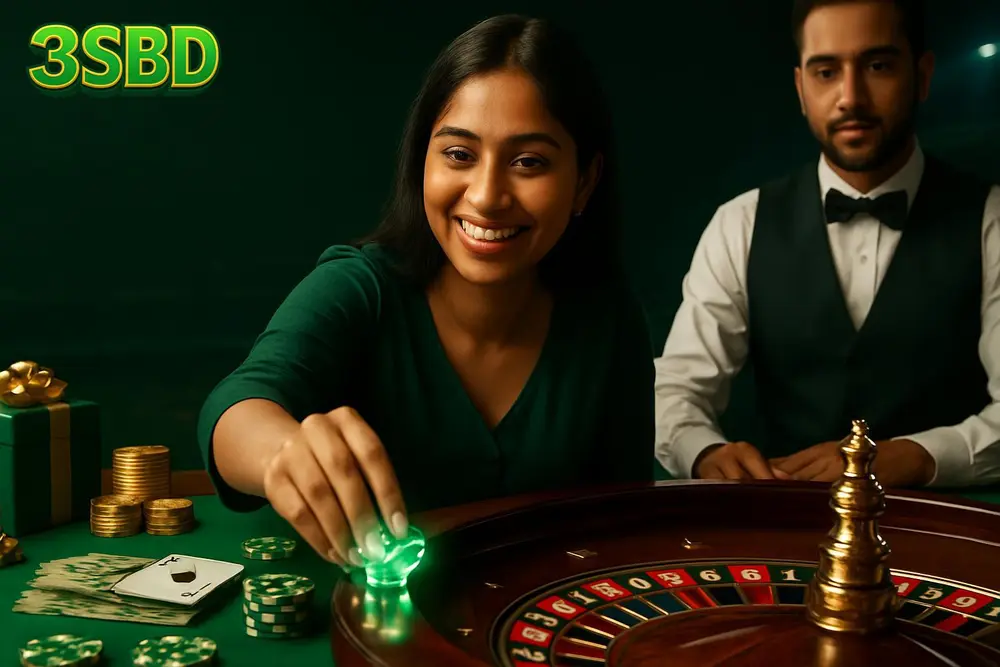 3SBD Casino โ a young Bangladeshi woman smiling as she places glowing casino chips at a roulette table with playing 3SBD Casino โ a young Bangladeshi woman smiling as she places glowing casino chips at a roulette table with playing