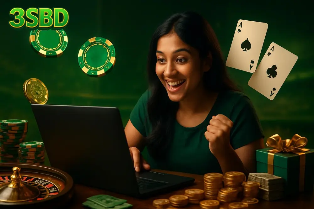 3SBD Bangladesh โ a young Bangladeshi woman at a small home desk excitedly looking at a laptop screen surrounded by 3SBD Bangladesh โ a young Bangladeshi woman at a small home desk excitedly looking at a laptop screen surrounded by