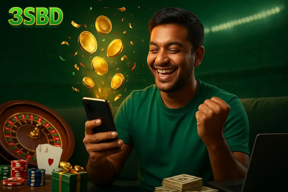 3SBD Bangladesh โ a smiling Bangladeshi man sitting on a sofa celebrating while holding a smartphone with glowing 3SBD Bangladesh โ a smiling Bangladeshi man sitting on a sofa celebrating while holding a smartphone with glowing