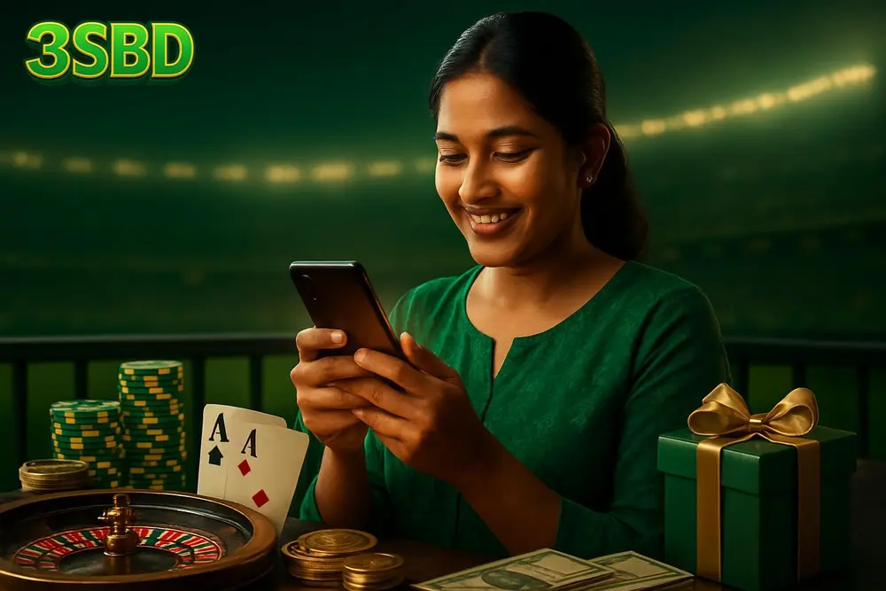3SBD Login โ a Bangladeshi woman on a balcony smiling while typing on her phone with a soft golden glow around the 3SBD Login โ a Bangladeshi woman on a balcony smiling while typing on her phone with a soft golden glow around the