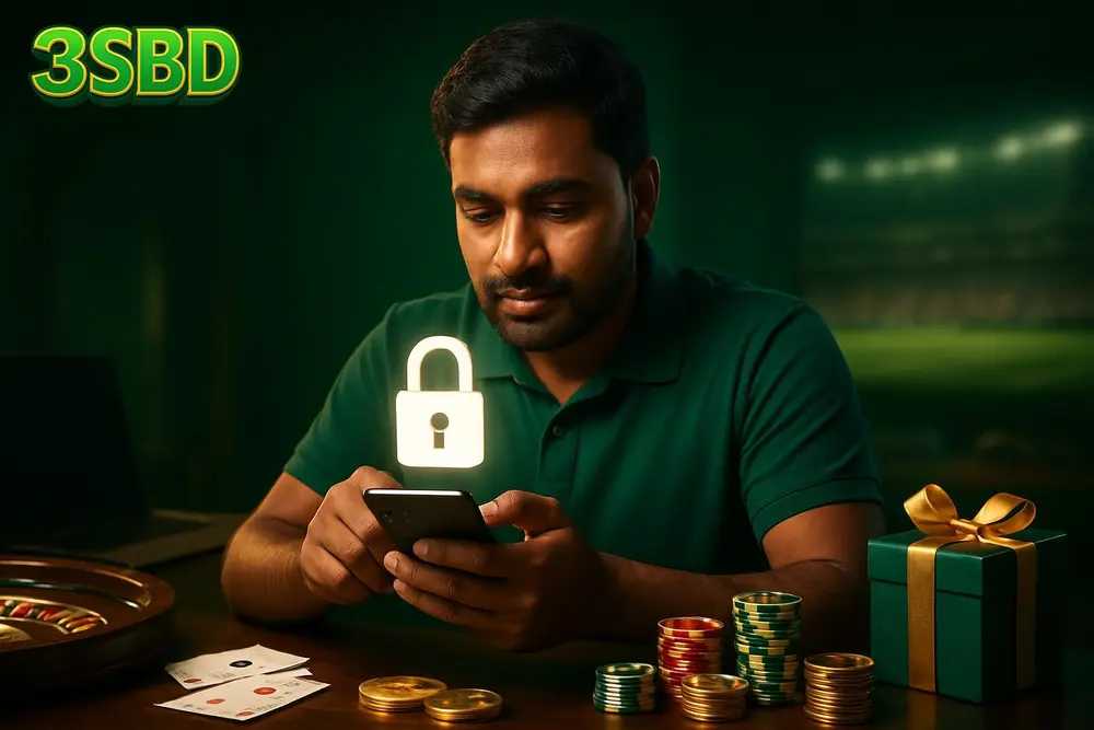 3SBD Login โ a Bangladeshi man sitting at a kitchen table unlocking his smartphone with a glowing padlock icon 3SBD Login โ a Bangladeshi man sitting at a kitchen table unlocking his smartphone with a glowing padlock icon