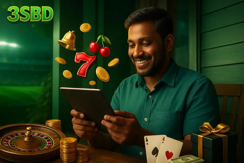 3SBD Slots โ a Bangladeshi man sitting on his porch smiling while golden coins and fruit slot icons appear to float 3SBD Slots โ a Bangladeshi man sitting on his porch smiling while golden coins and fruit slot icons appear to float
