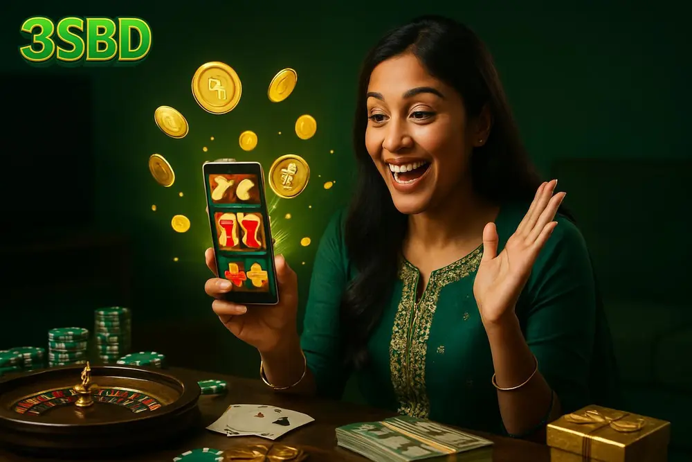 3SBD Slots โ a cheerful Bangladeshi woman at home clapping with excitement as glowing slot machine symbols and coins 3SBD Slots โ a cheerful Bangladeshi woman at home clapping with excitement as glowing slot machine symbols and coins